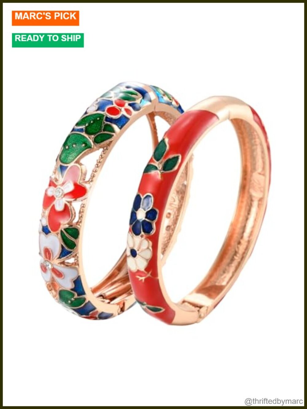 Handcrafted Enameled Butterfly Flower Rhinestone Hinged Cuff Bracelet Set